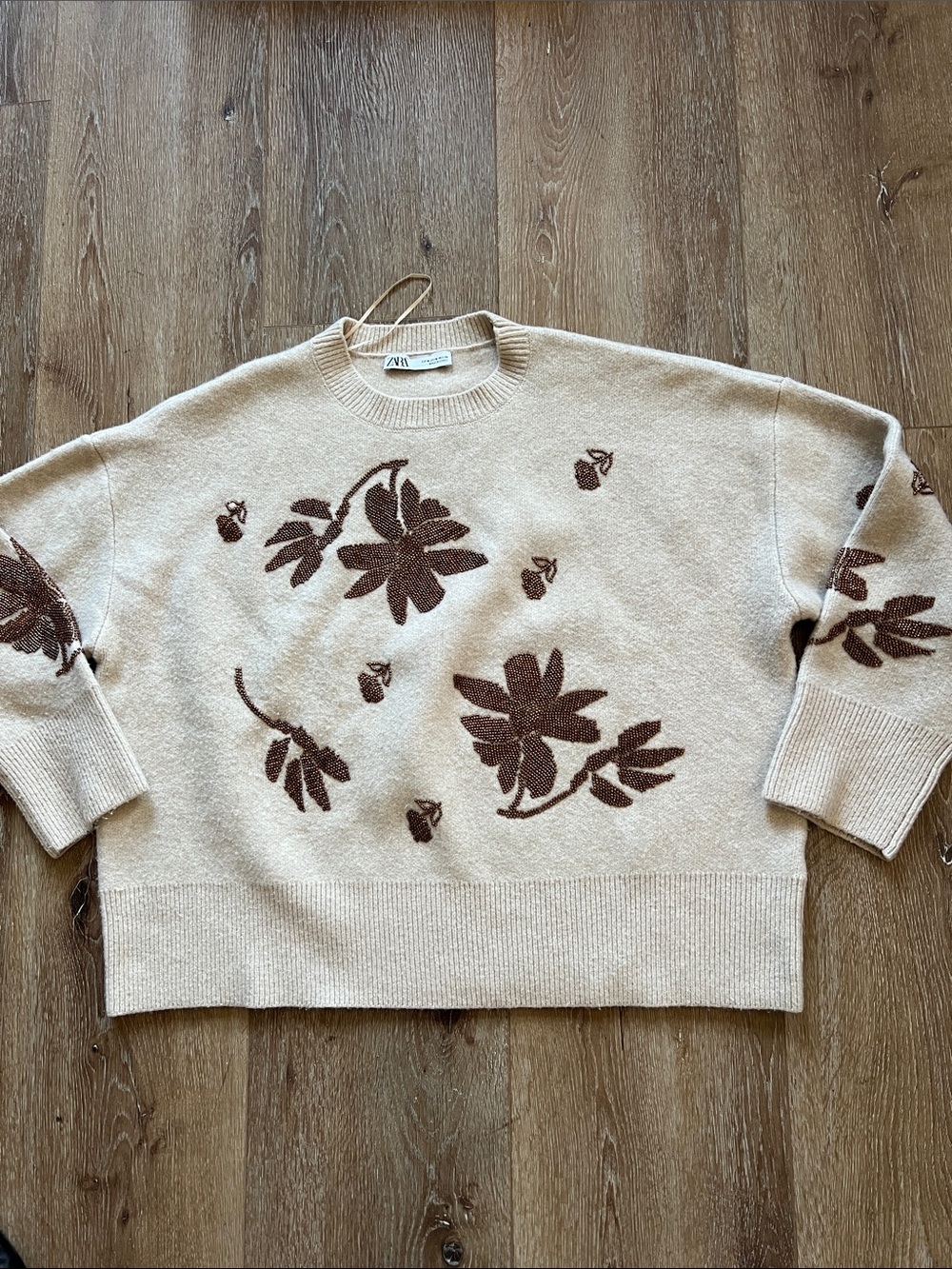 Zara Cream Crewneck Sweater with Gold Brown glitter Floral Motif